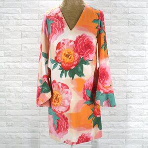 CALVIN KLEIN Ember Multi Dress Floral Bold Colorful Bell Sleeves V-Neck Orange 2